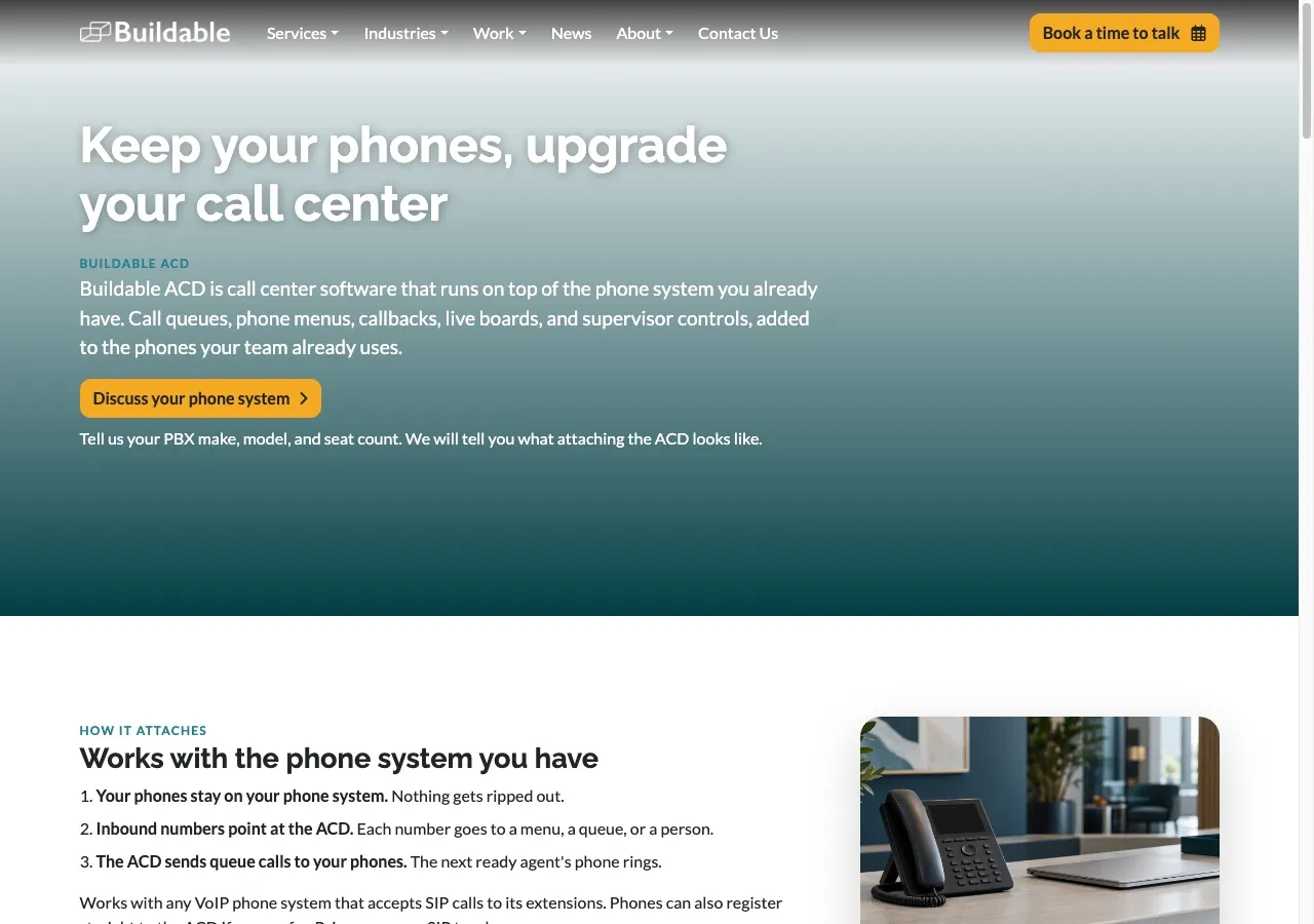 A rewritten Buildable service page headed “Keep your phones, upgrade your call center”, with the page navigation and opening section in view.