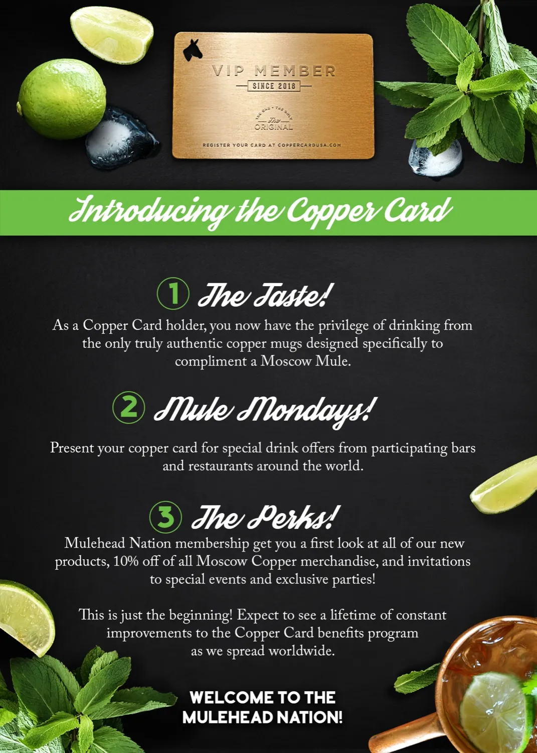 A one-sheet introducing the Copper Card member program, showing a brushed copper card and its three member benefits.