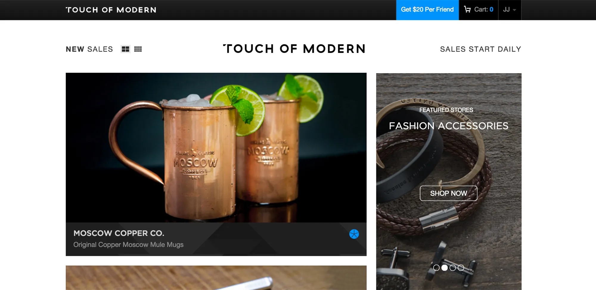 The Touch of Modern storefront running “Moscow Copper Co. — Original Copper Moscow Mule Mugs” as the featured sale.