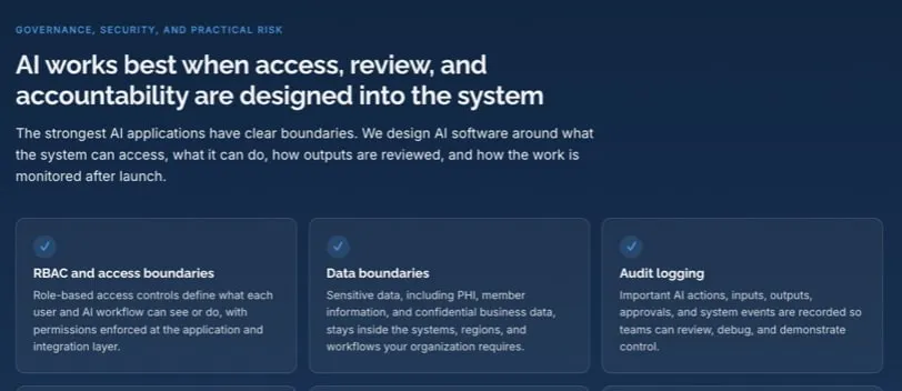 A section of a public Buildable service page, kickered “Governance, security, and practical risk” and headed “AI works best when access, review, and accountability are designed into the system”, above three cards: RBAC and access boundaries, data boundaries, and audit logging.
