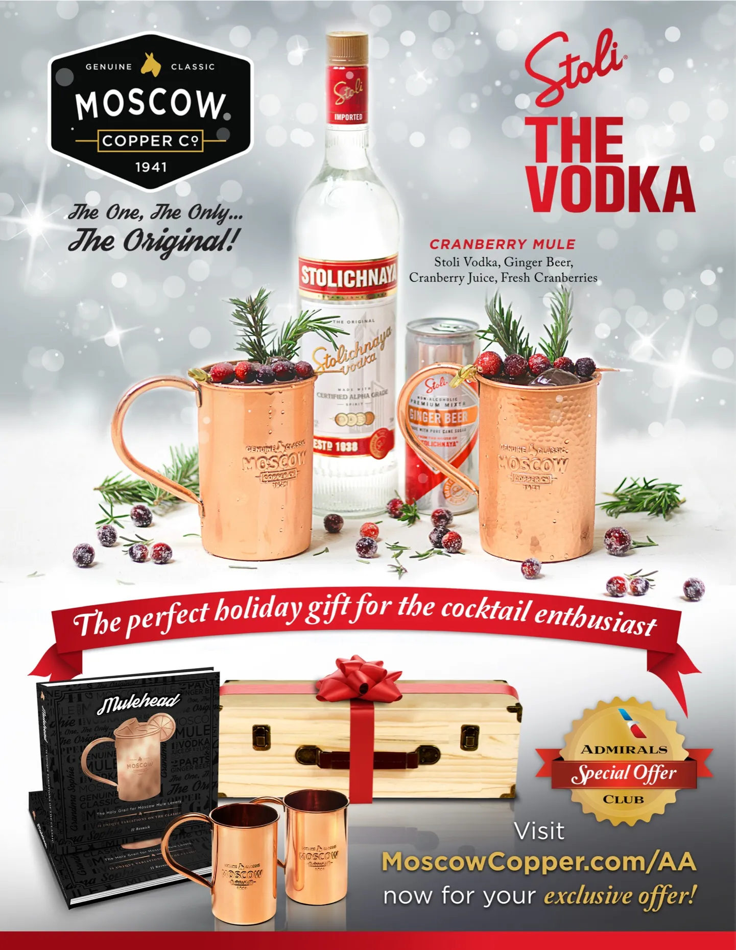 A co-branded holiday piece for Moscow Copper Co. and Stoli carrying an American Airlines Admirals Club special-offer seal.