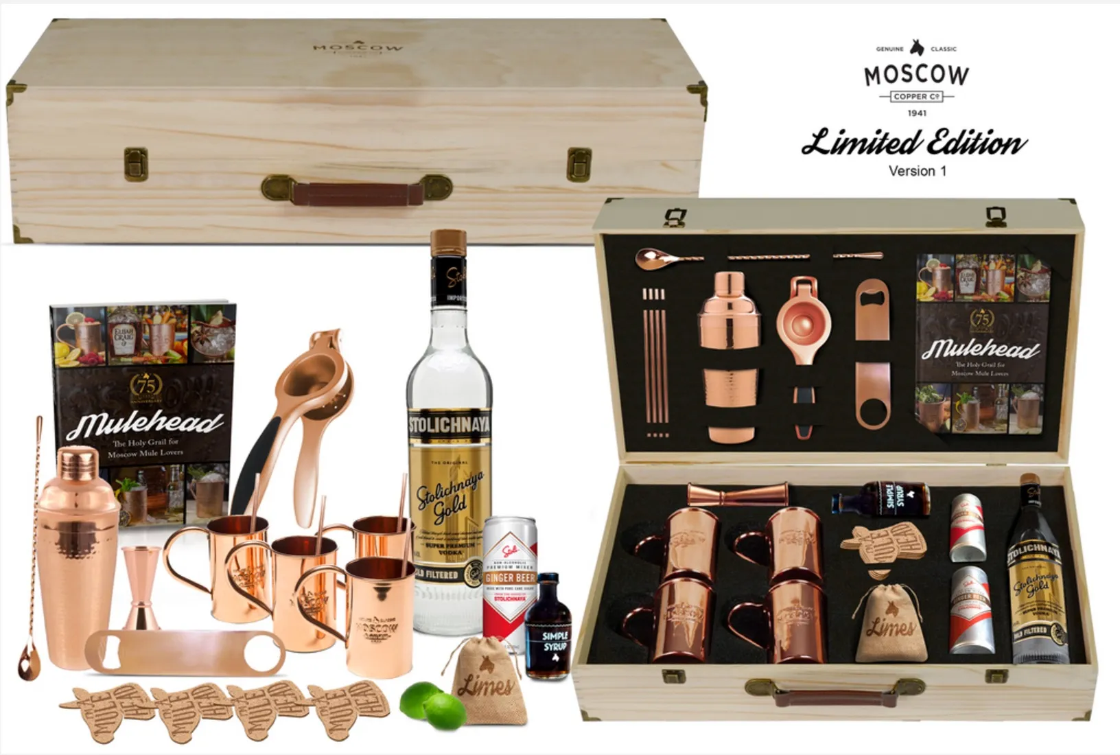 A line sheet for a limited-edition holiday gift kit, showing every component laid out alongside closed and open views of the crate.