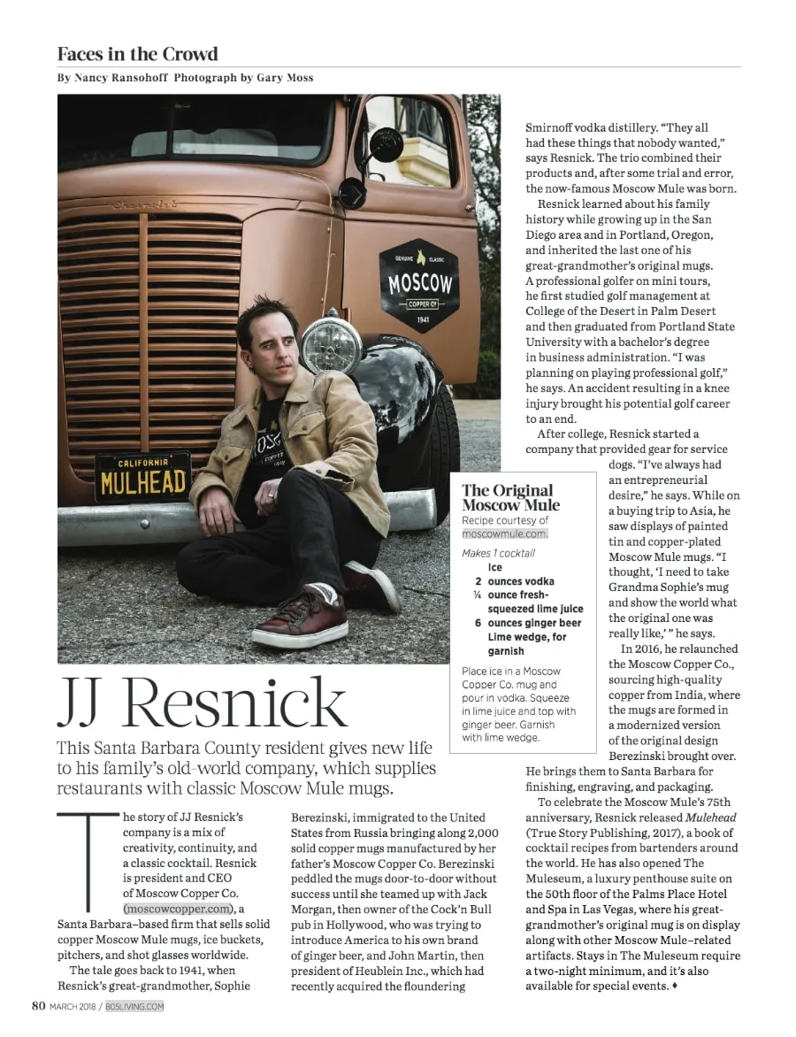 A full magazine page from the 805 Living “Faces in the Crowd” column, headlined “JJ Resnick”, with a photograph of him seated beside the copper-liveried truck and a profile of the family company.