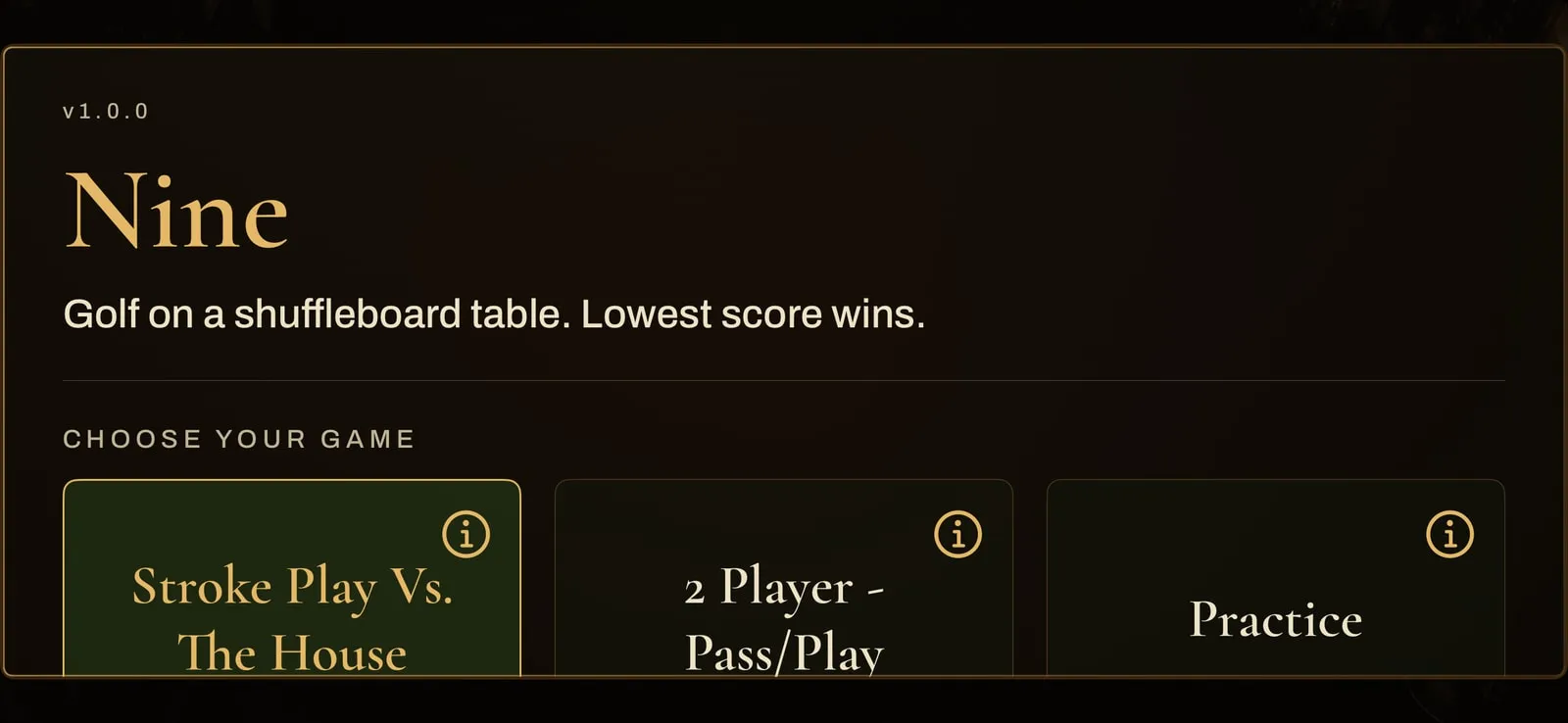 The title screen of Nine, reading “Golf on a shuffleboard table. Lowest score wins.”, with the game modes listed below.